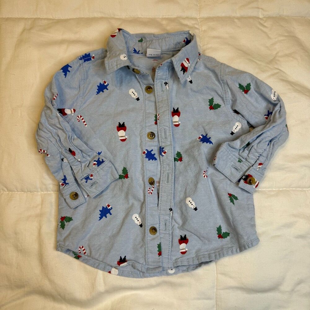 Old Navy 12-18M Blue Christmas Theme Print Button-Down Shirt